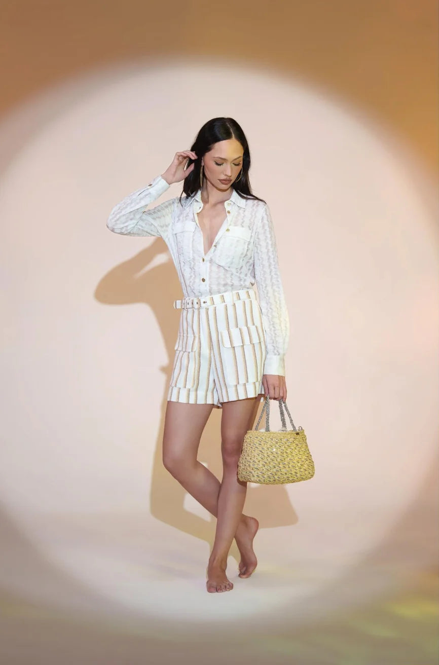 Braided Raffia Clutch with Metallic Strap