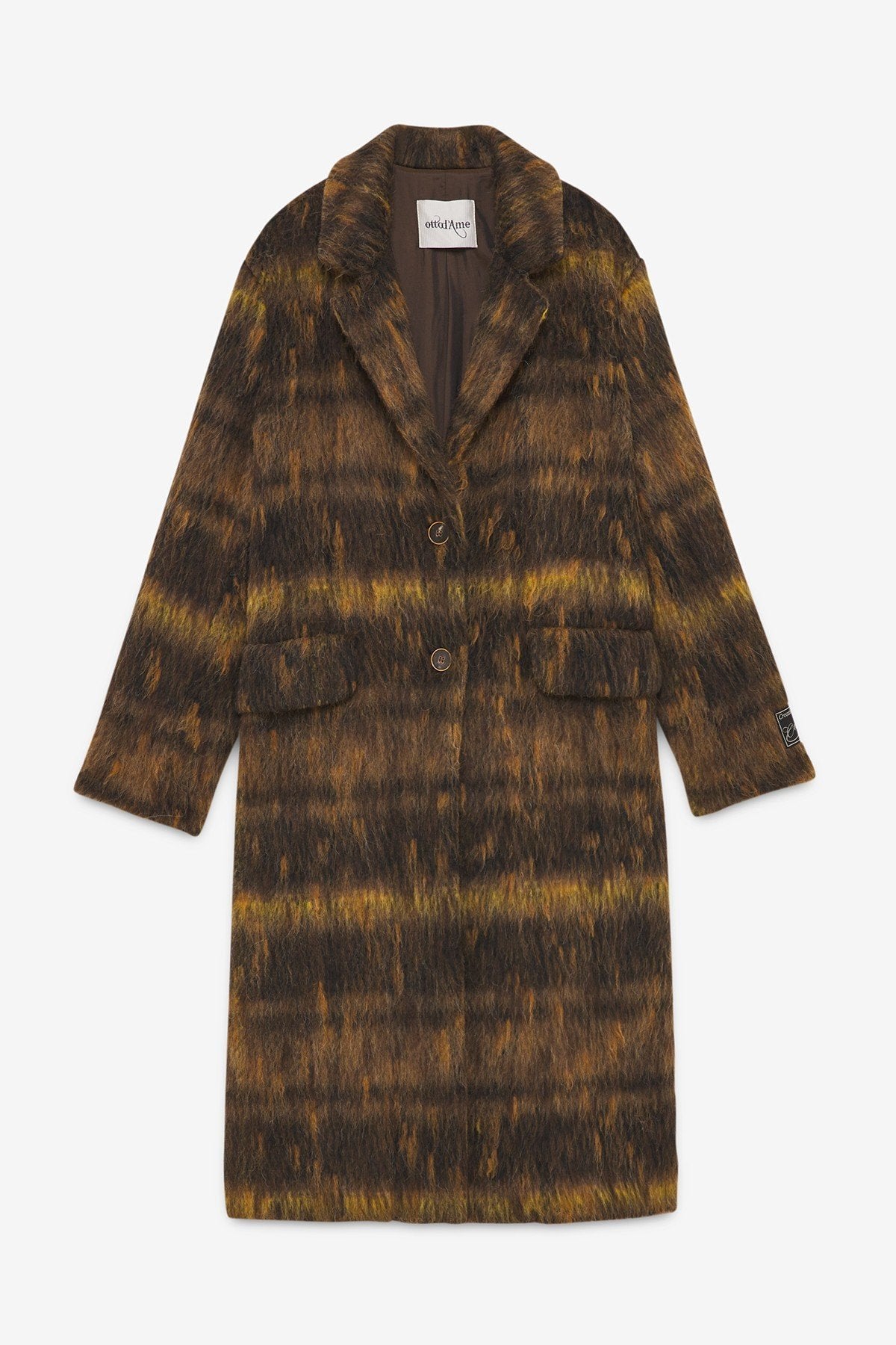 Brown and mustard plaid wool-blend midi coat, front view.