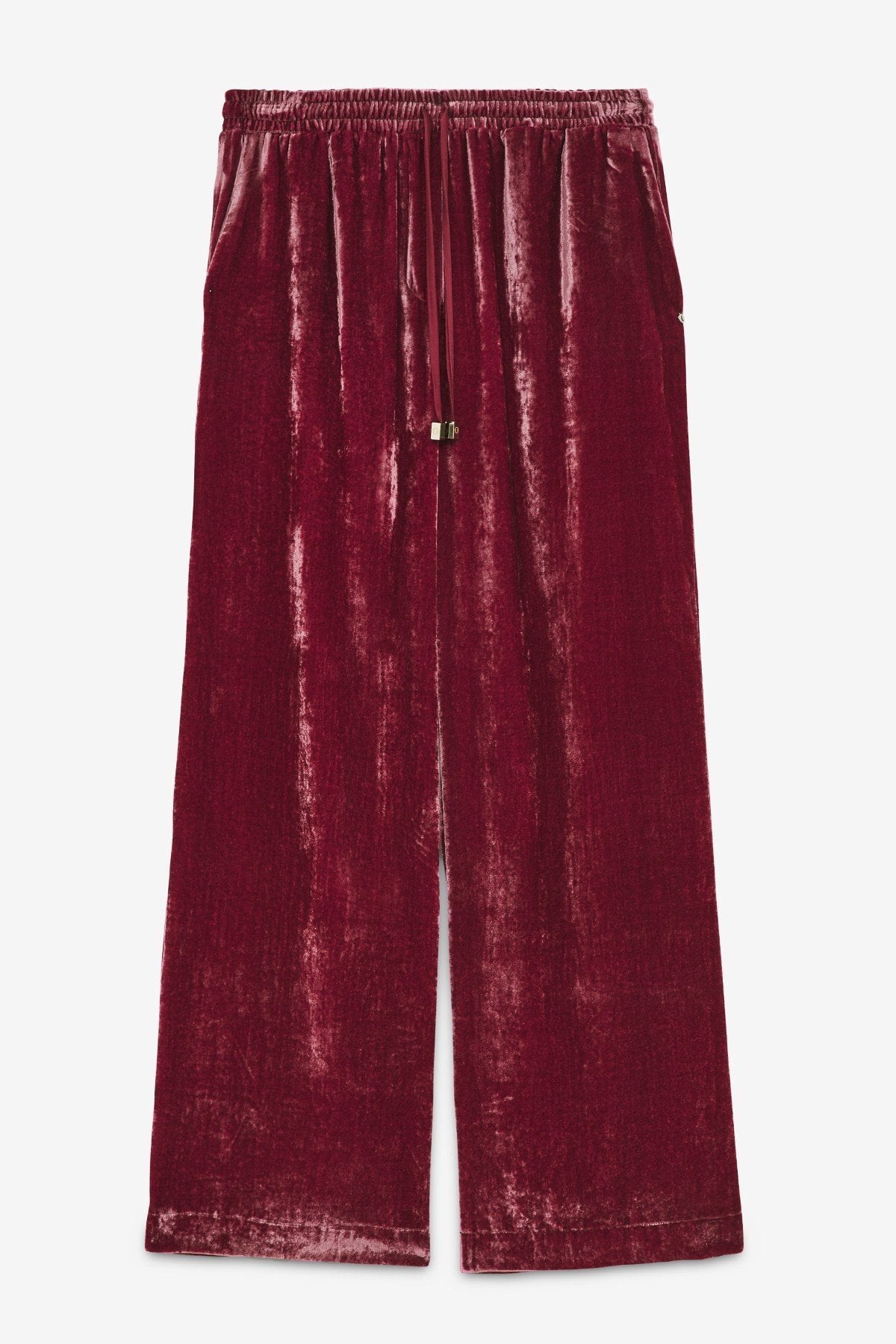 Red velvet palazzo trousers by Ottod’Ame with wide-leg silhouette