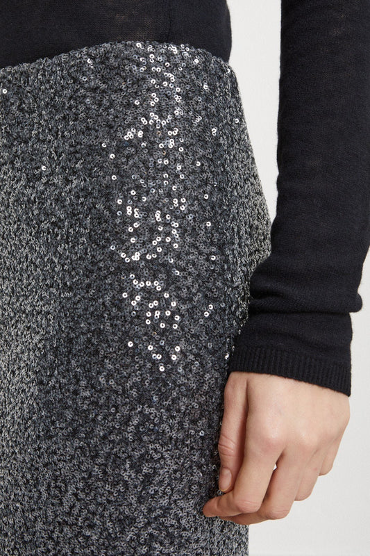 Close-up of silver sequins on Ottod’Ame midi skirt