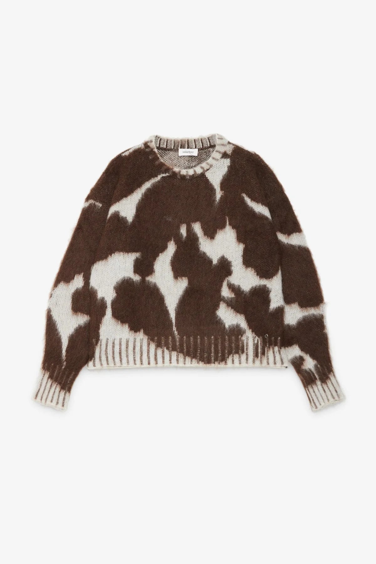 Ottod’Ame brown and cream cow print sweater with round neckline, long sleeves and ribbed knit trims.