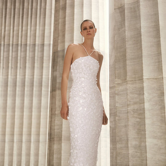 Elegant white sequin halter evening dress