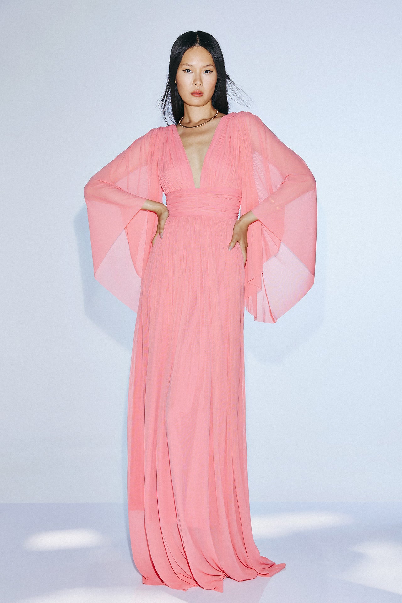 coral pink chiffon maxi dress wedding guest outfit SOPHiEL