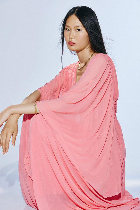 elegant coral maxi dress with flowing sleeves