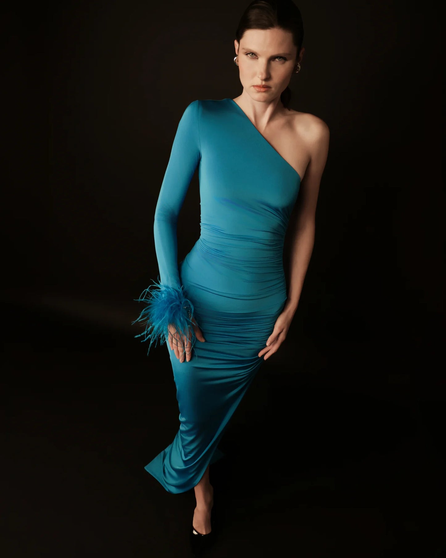One-Shoulder Evening Dress with Feathers