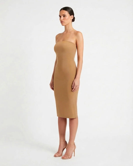 caramel bodycon midi dress minimal design sophiel
