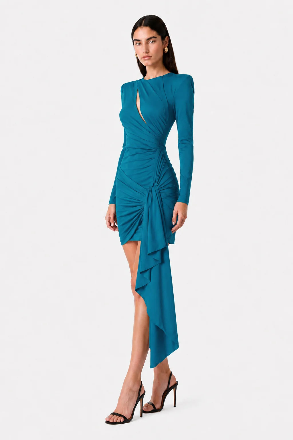 Alma Sanchez Zaffiro asymmetric blue mini dress with draping. SOPHIEL