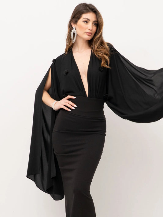 Elegant black angel sleeve bodysuit front view SOPHiEL