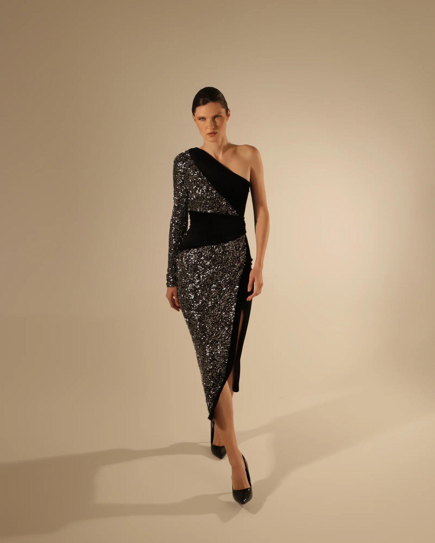 One-Shoulder Velvet Midi Dress in Sequins