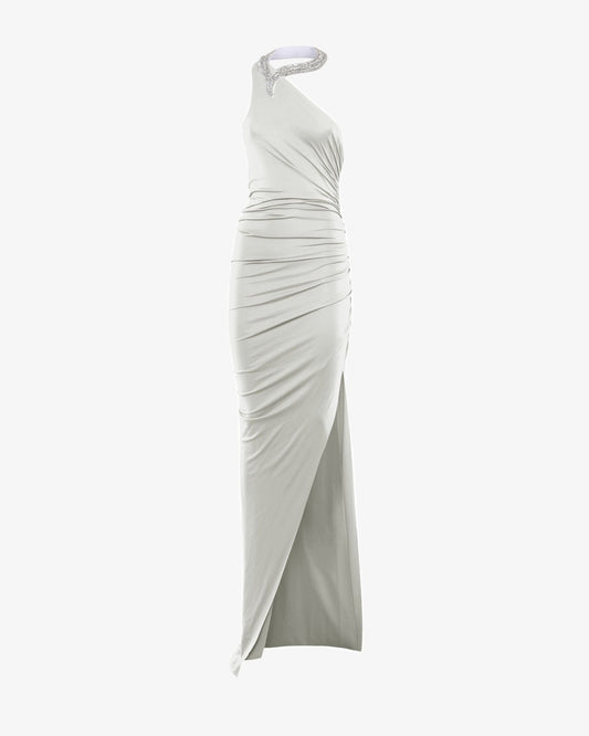 White asymmetrical one-shoulder jersey maxi evening dress SOPHiEL