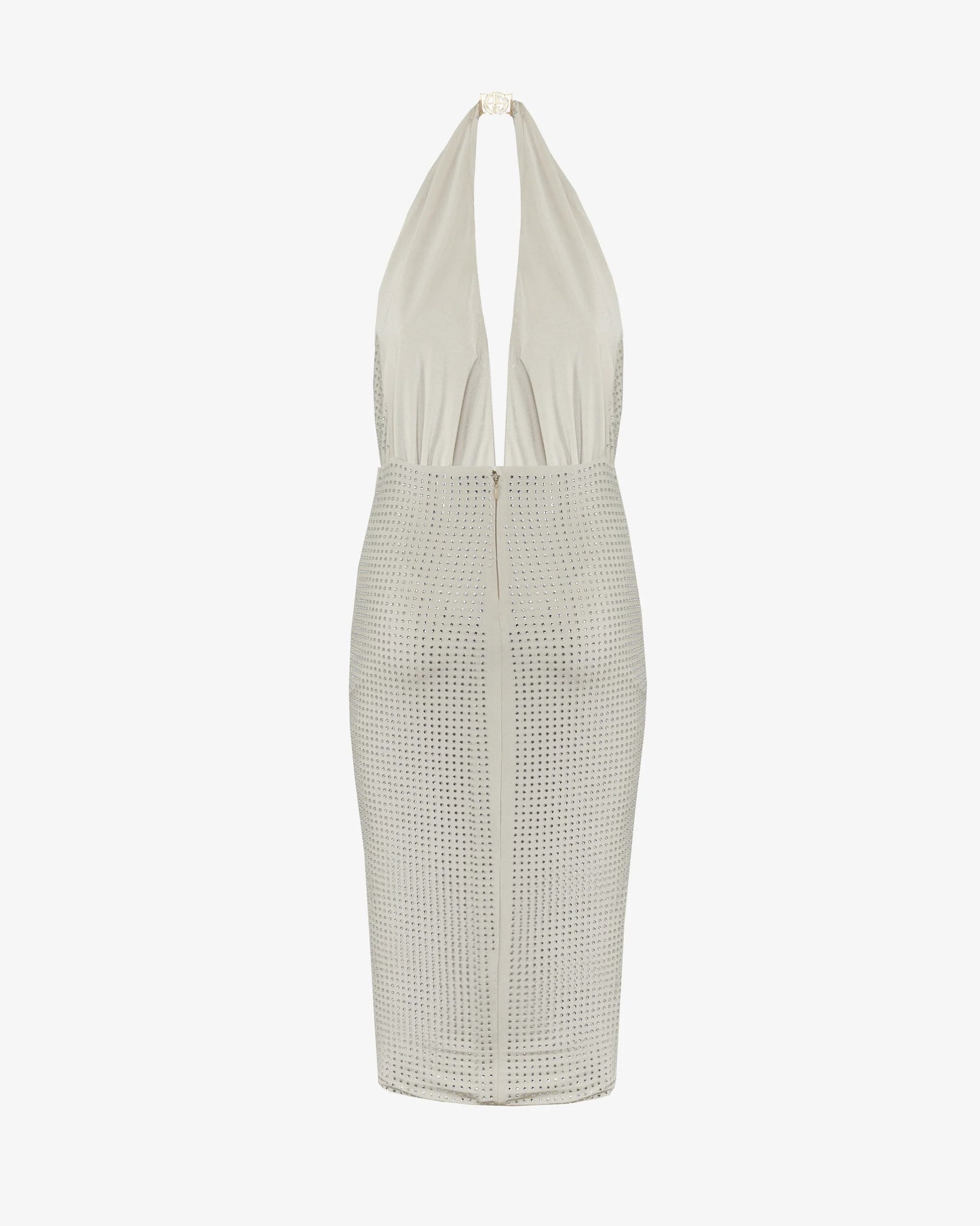 Ivory rhinestone halter mini dress with open back and draped skirt by SOPHiEL