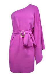 pink one shoulder mini dress with buckle belt