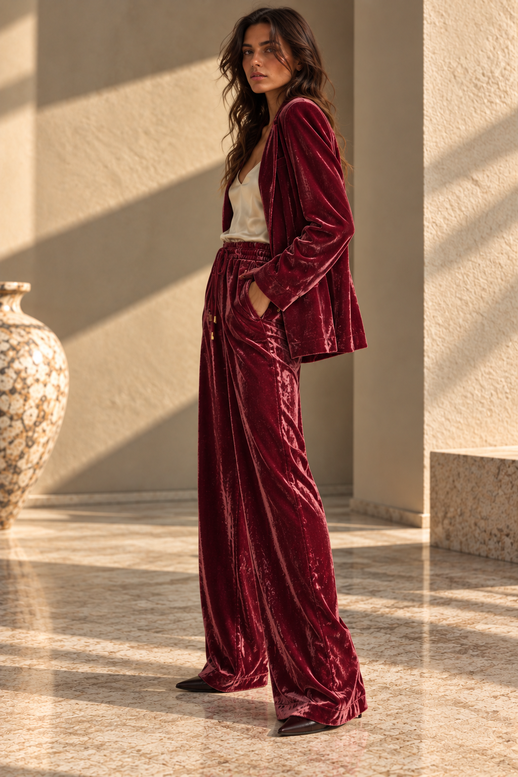 Red velvet palazzo trousers styled in an elegant evening look. SOPHiEL