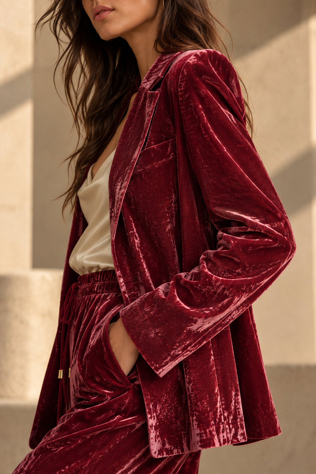 Red Velvet Blazer with Sleek Matching Lapels