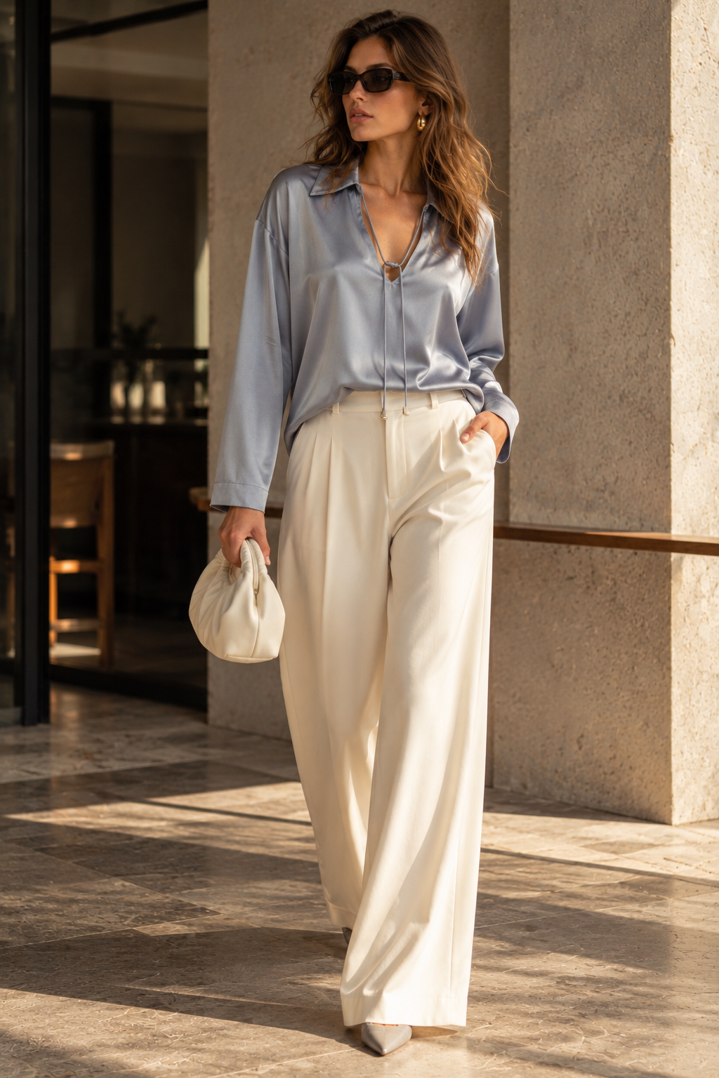 Grey Viscose Blouse with Drawstring
