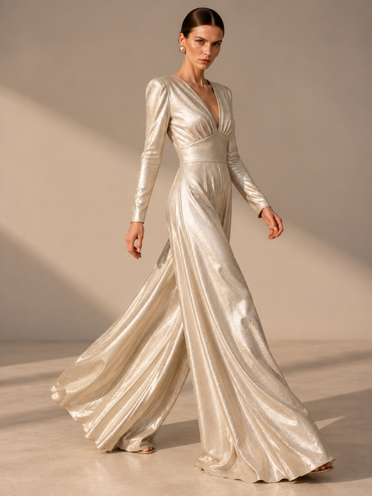 Champagne silver jumpsuit side view with wide-leg silhouette