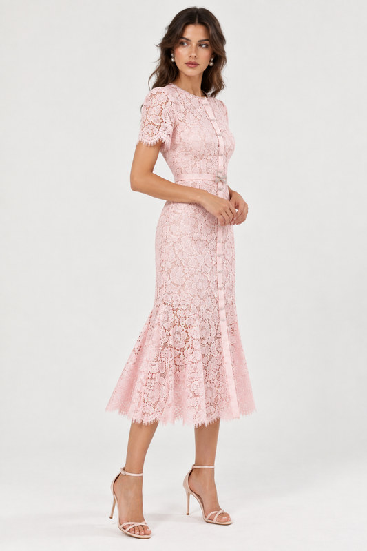 CELINE Pink Lace Belted Midi Dress