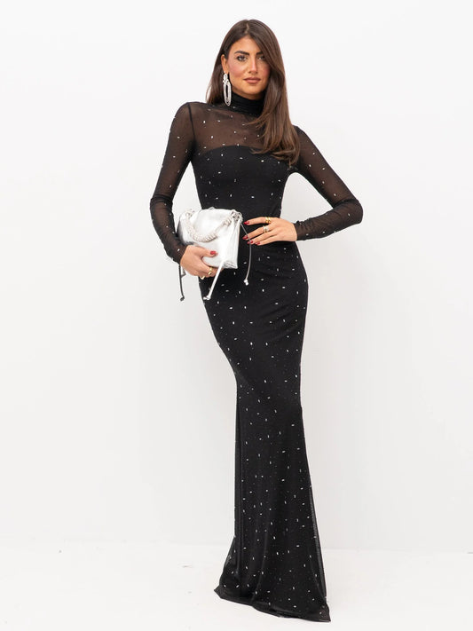 Alma Sanchez Acoro black sheer embellished evening dress