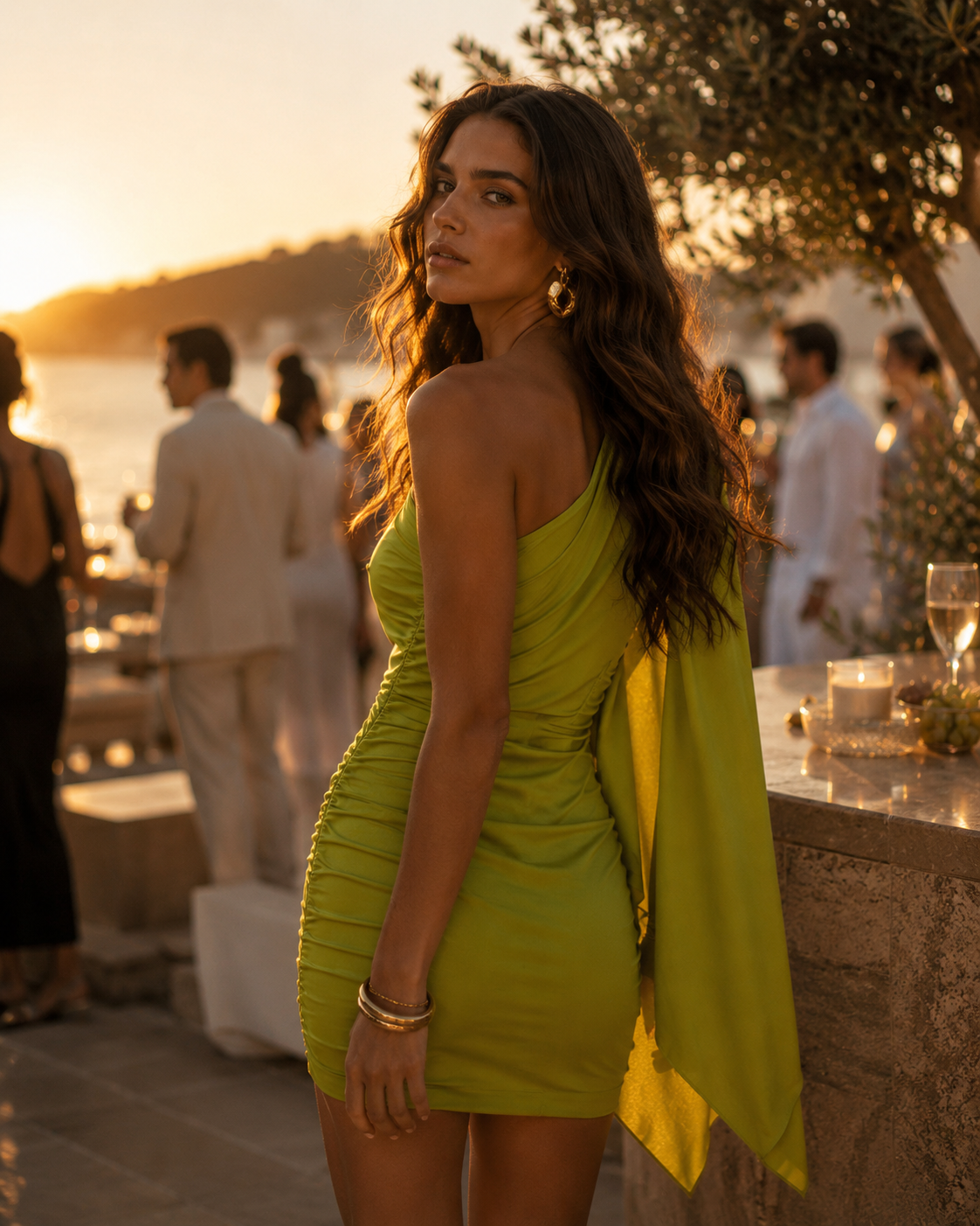 one shoulder lime green mini party dress