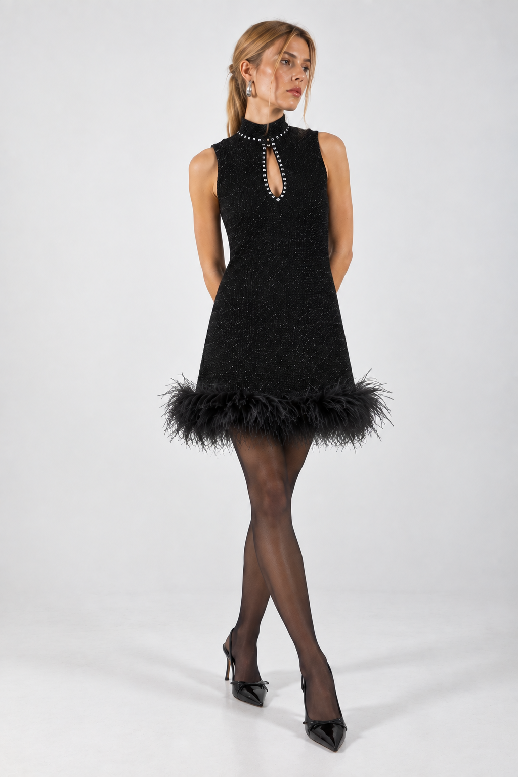 Aveline black feather trim keyhole mini dress