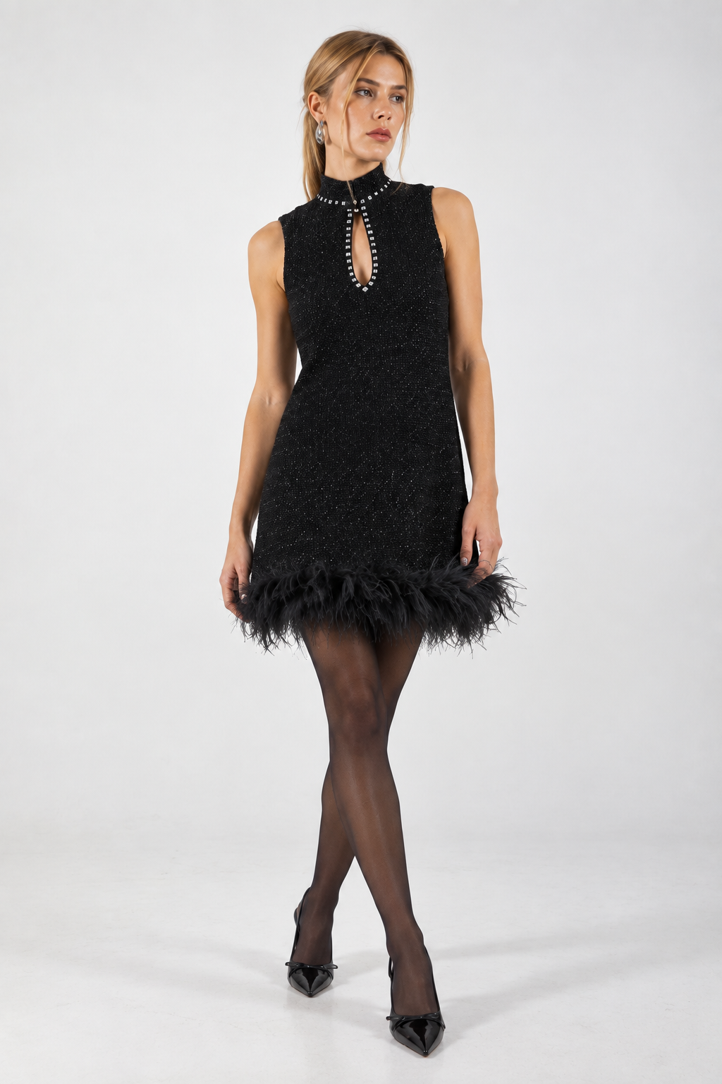 Aveline black feather hem party dress