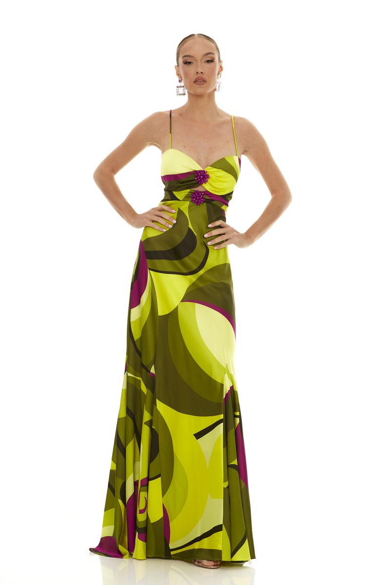 Abstract Print Maxi Dress with Floral Embellishment