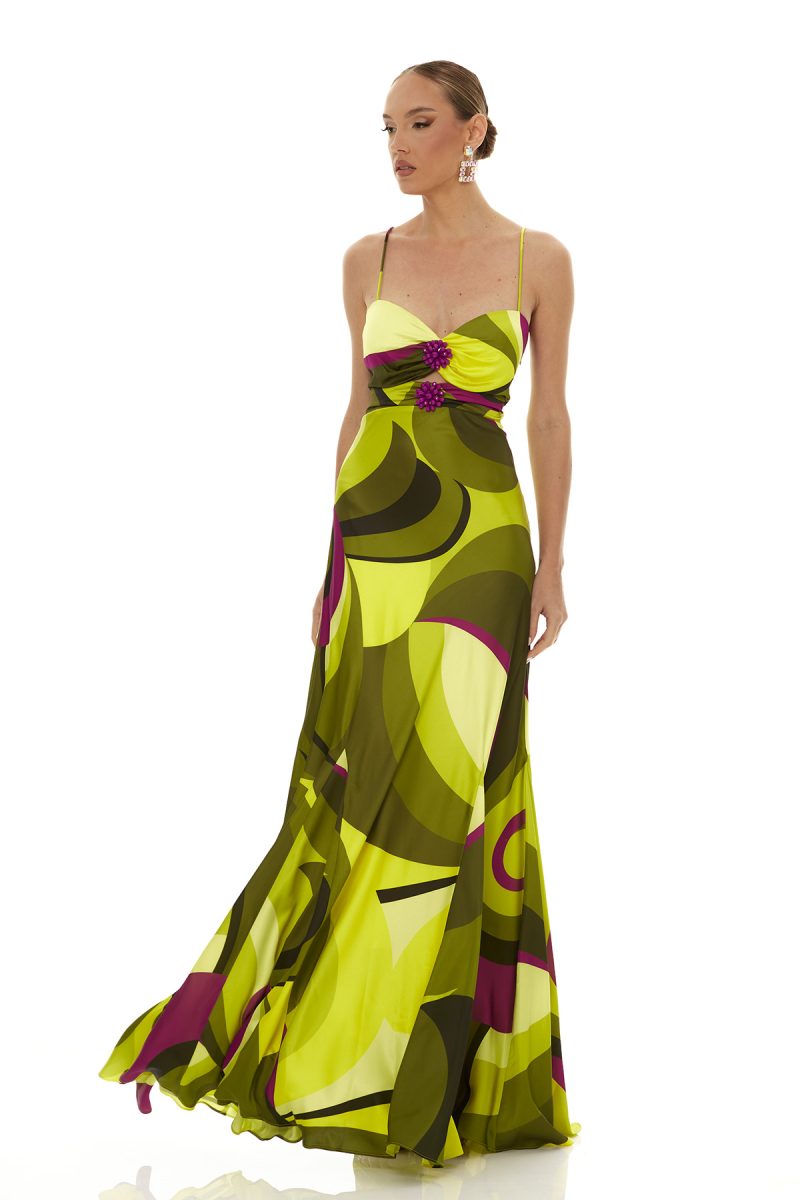 Abstract Print Maxi Dress with Floral Embellishment