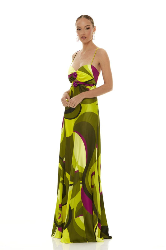 Abstract Print Maxi Dress with Floral Embellishment