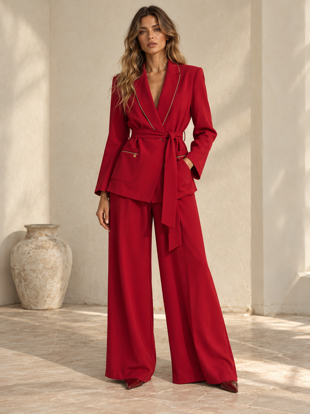 Front view of red wide-leg trousers with pleated waist and gold chain detail