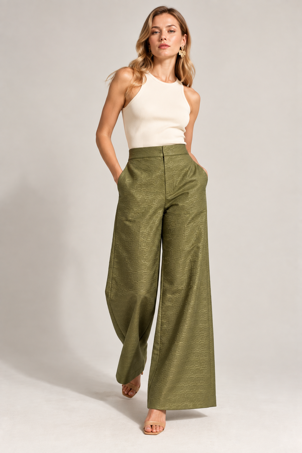 KateJo Collections olive green Tetris print wide-leg trousers