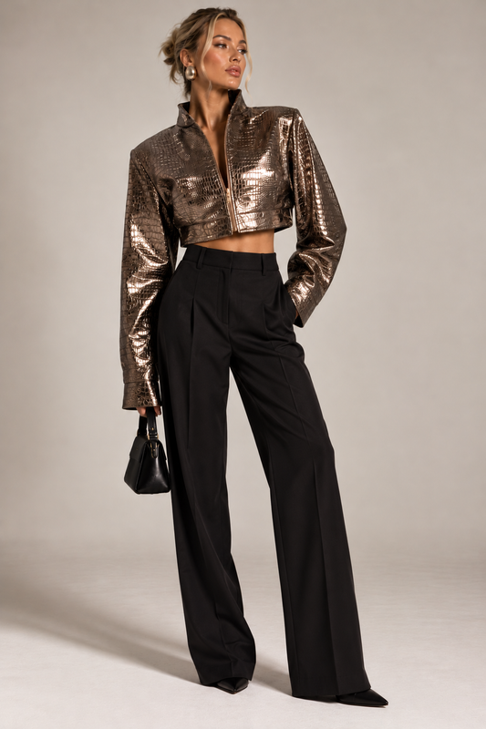 Metallic Effect Leather-Look Cropped Jacket