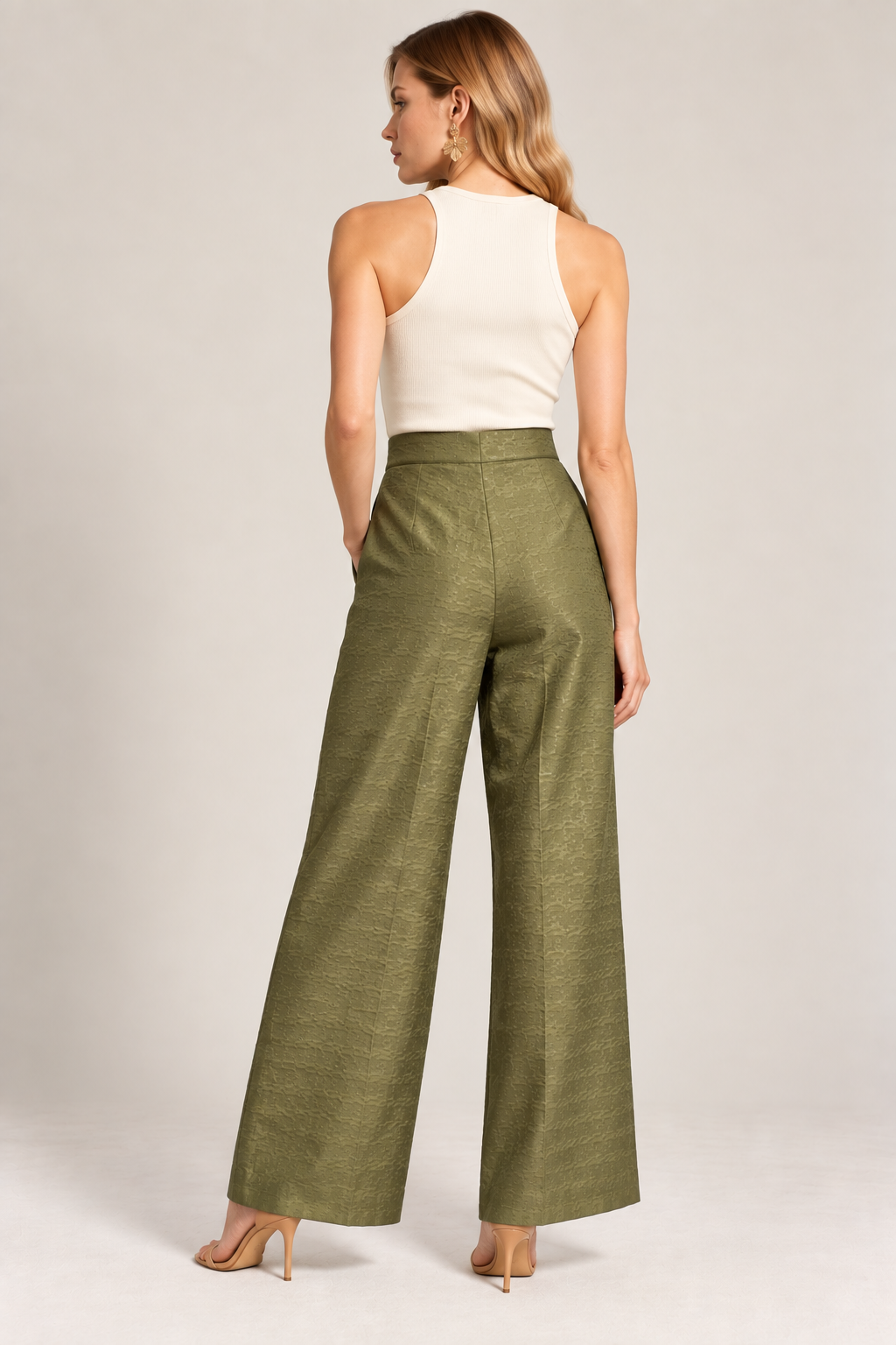 KateJo Collections olive green geometric print wide-leg trousers back view