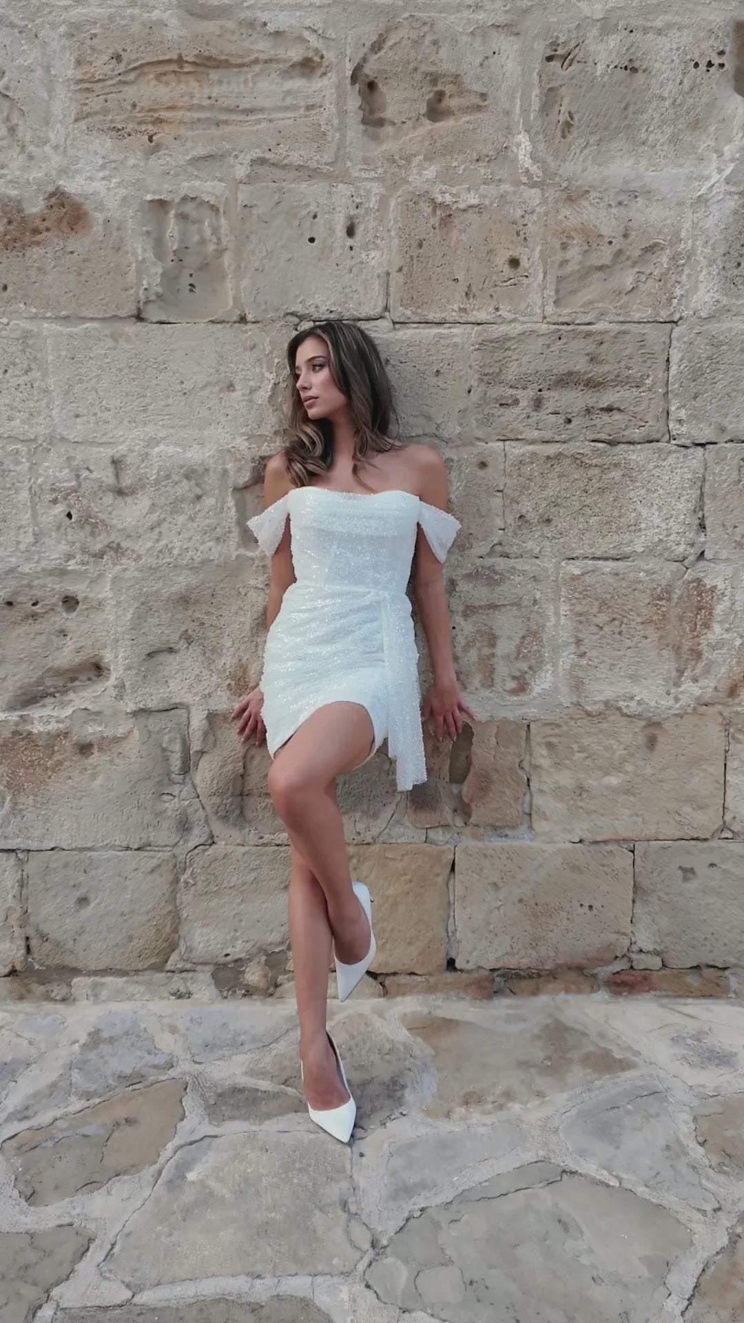Bridal mini dress white off-shoulder fitted silhouette modern bride Sophiel