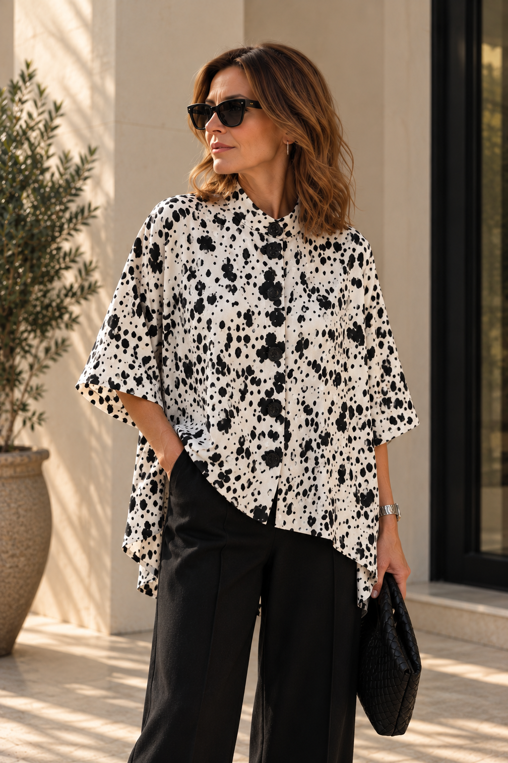 Fioroula Dalmatian print blouse with high neckline and black buttons