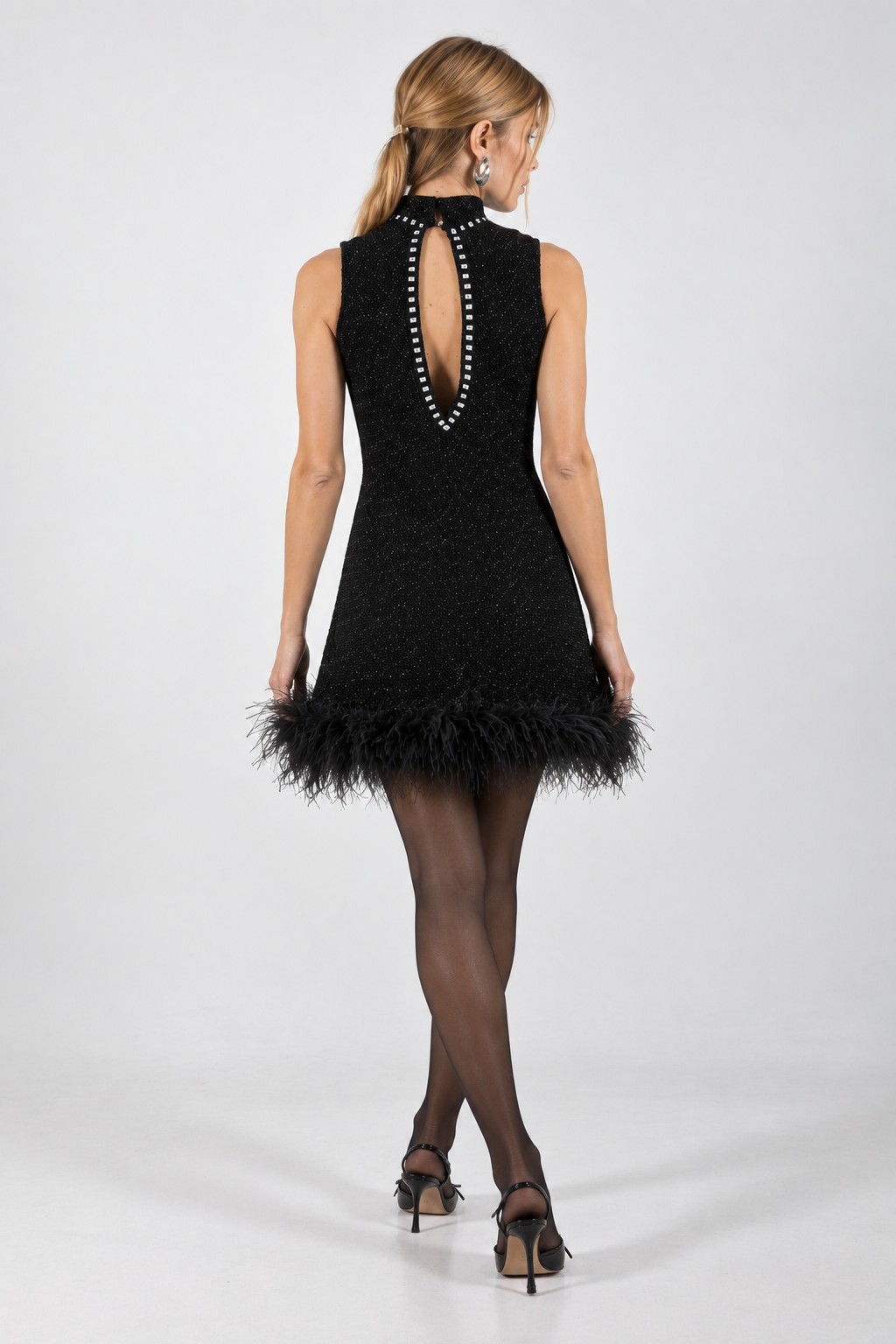 Aveline black feather trim mini dress side view