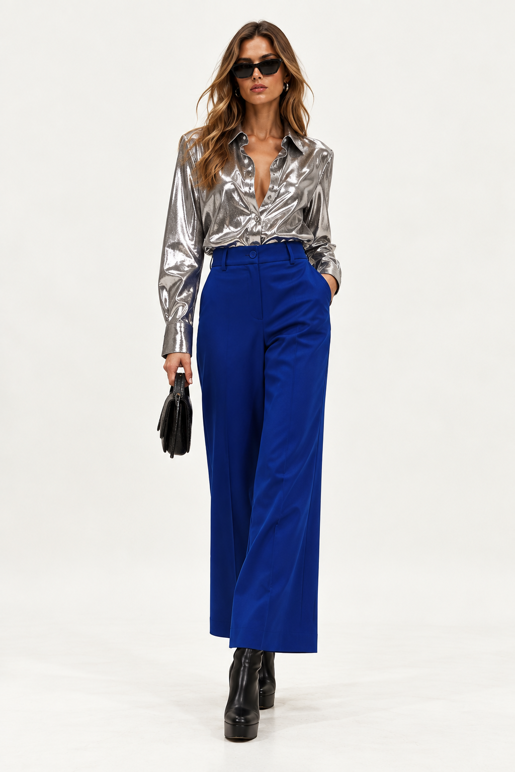 WE_ARE blue wide-leg trousers styled for an elevated evening look