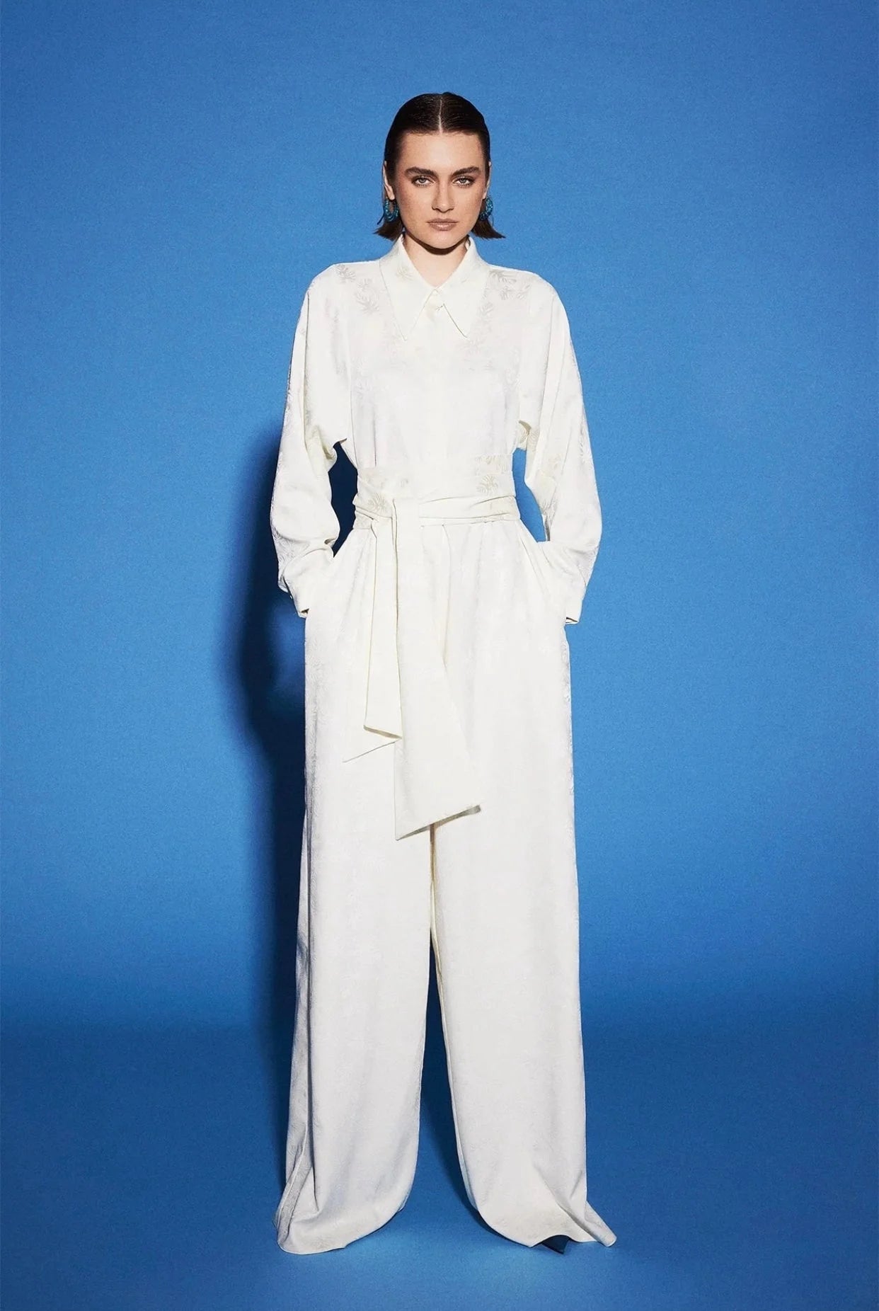 Jumpsuit White Palm Jacquard