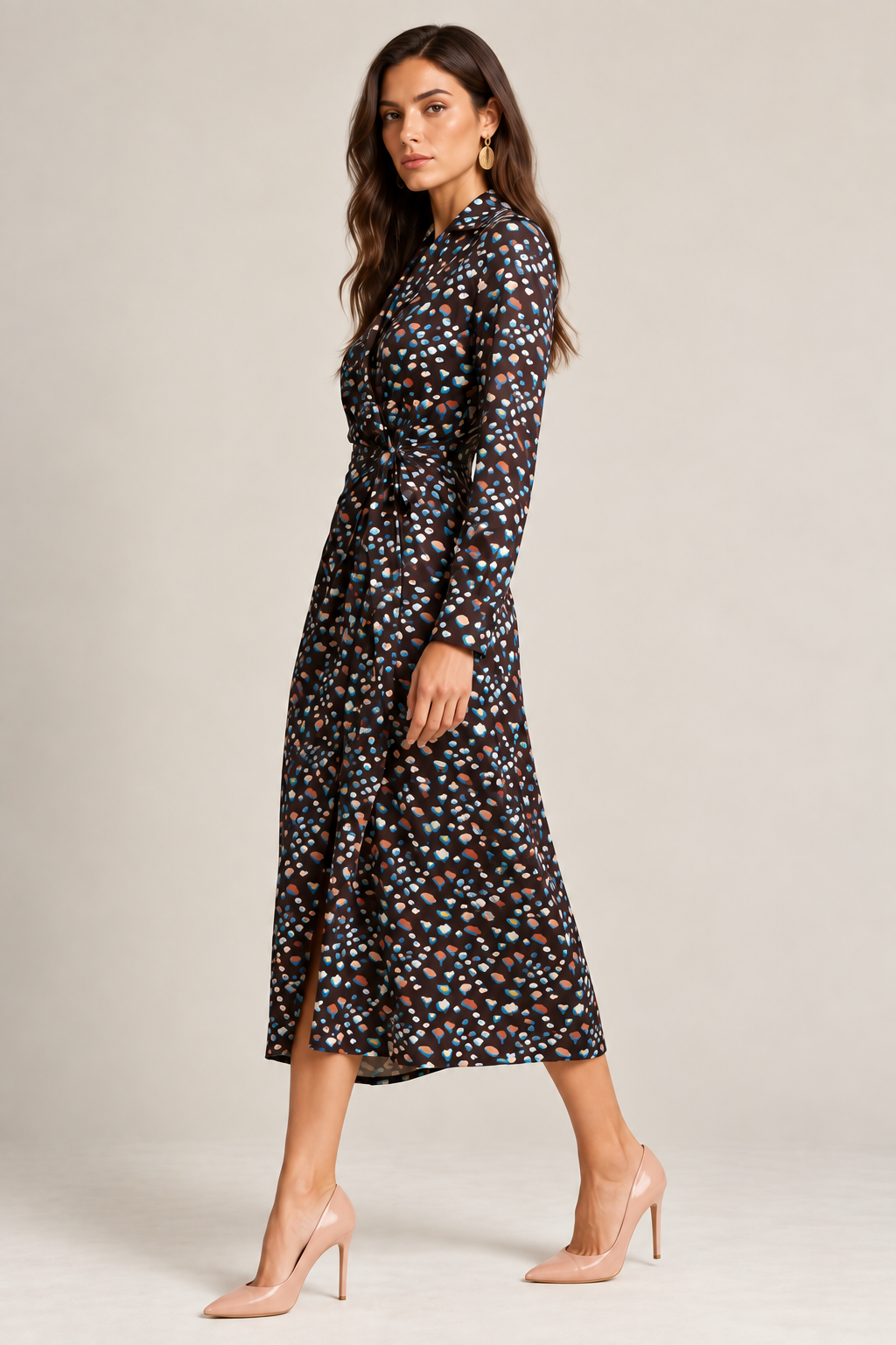 Abstract Print Midi Wrap Dress