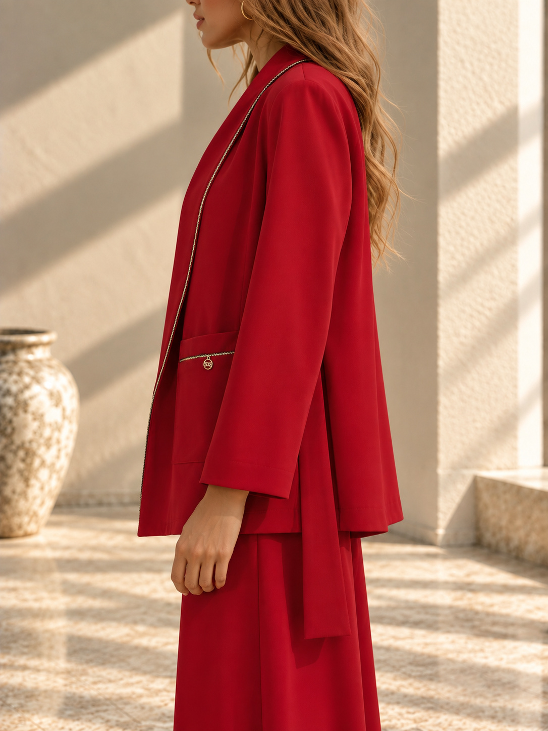 Red tailored blazer styled as part of a statement red suit