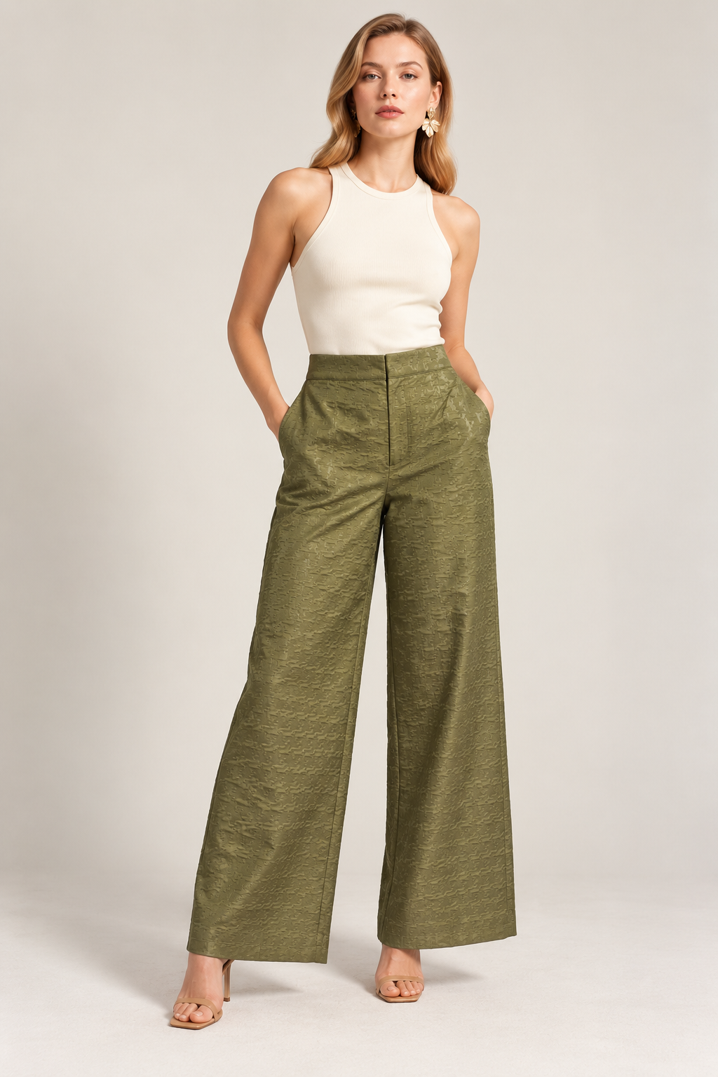KateJo Collections olive green high-waist Tetris print trousers front view