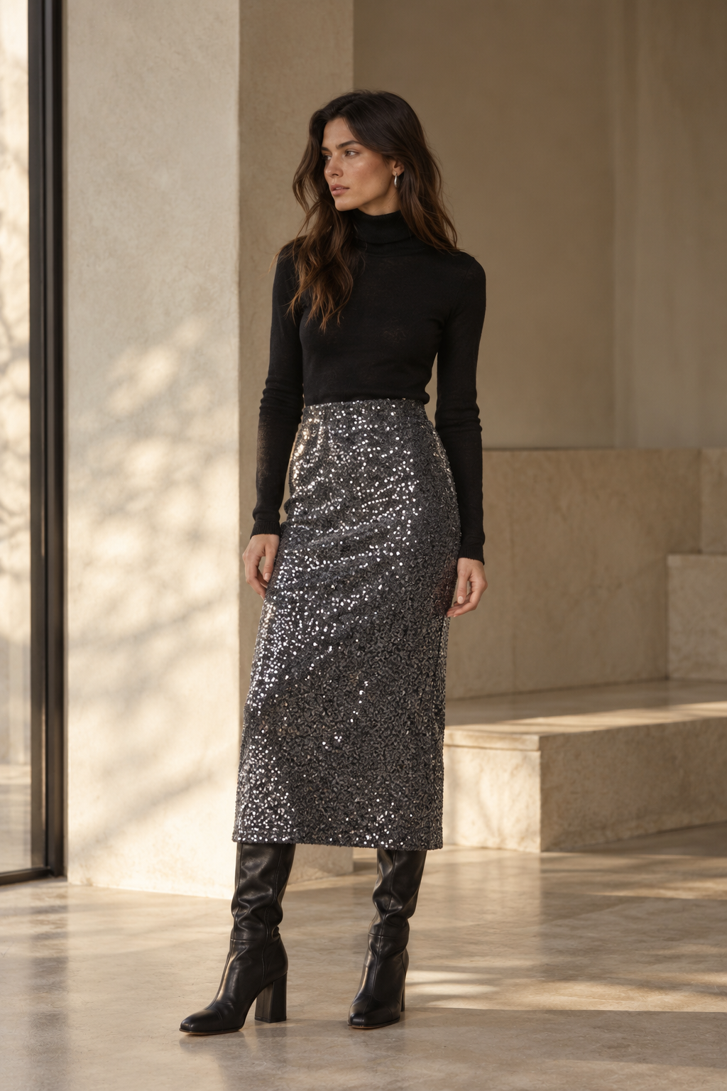 Ottod’Ame silver sequin midi skirt with pencil silhouette. SOPHiEL