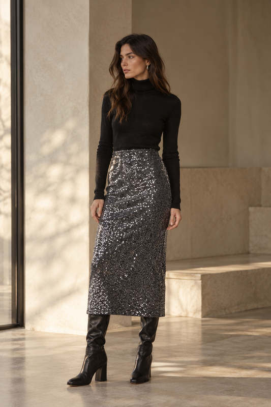 Ottod’Ame silver sequin midi skirt with pencil silhouette. SOPHiEL