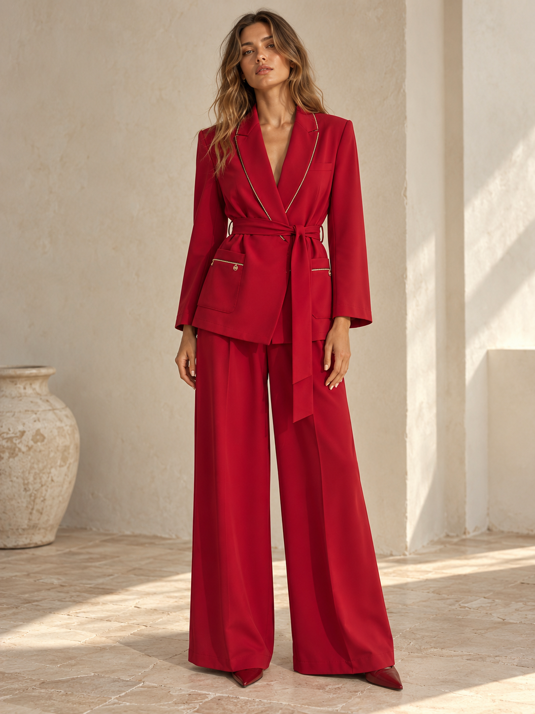 Le Sarte Del Sole red wrap blazer with gold chain trim suit