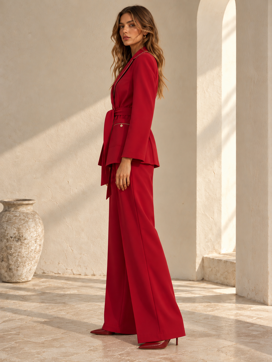 Side view of red wrap blazer with long sleeves and front pocket