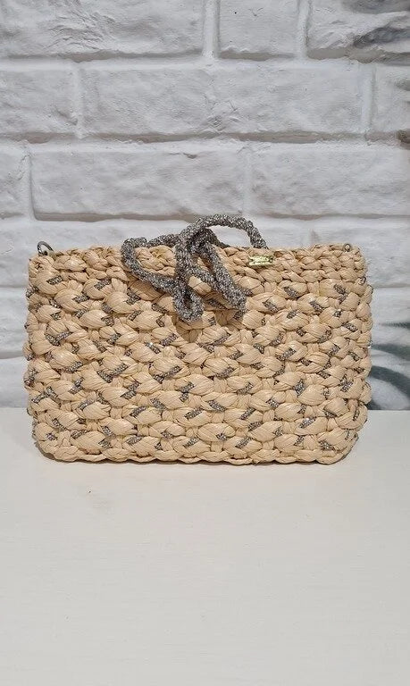 Braided Raffia Clutch with Metallic Strap
