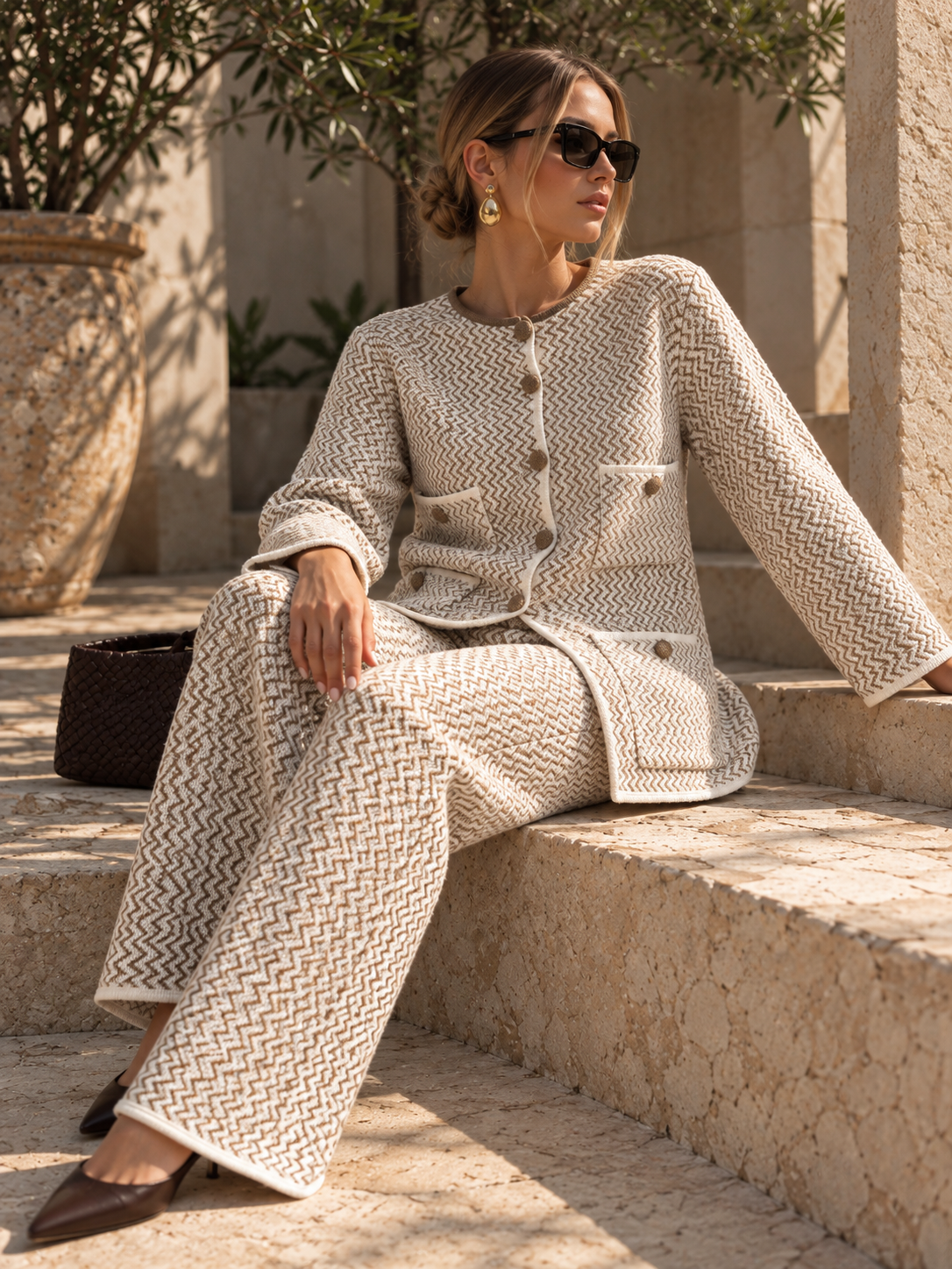 Close-up detail of the textured knit fabric of The Giselle trousers