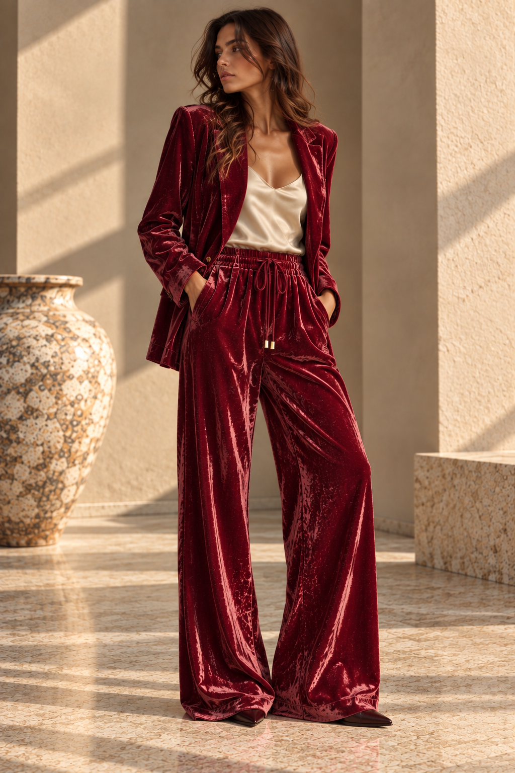 Red velvet palazzo trousers with matching blazer in an elegant evening look. SOPHiEL