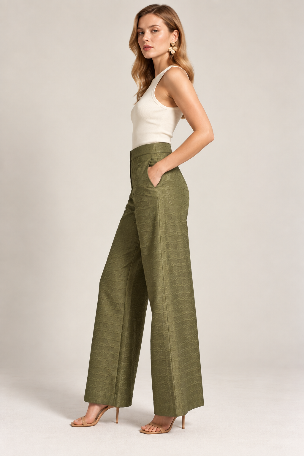 KateJo Collections olive green Tetris print trousers side view