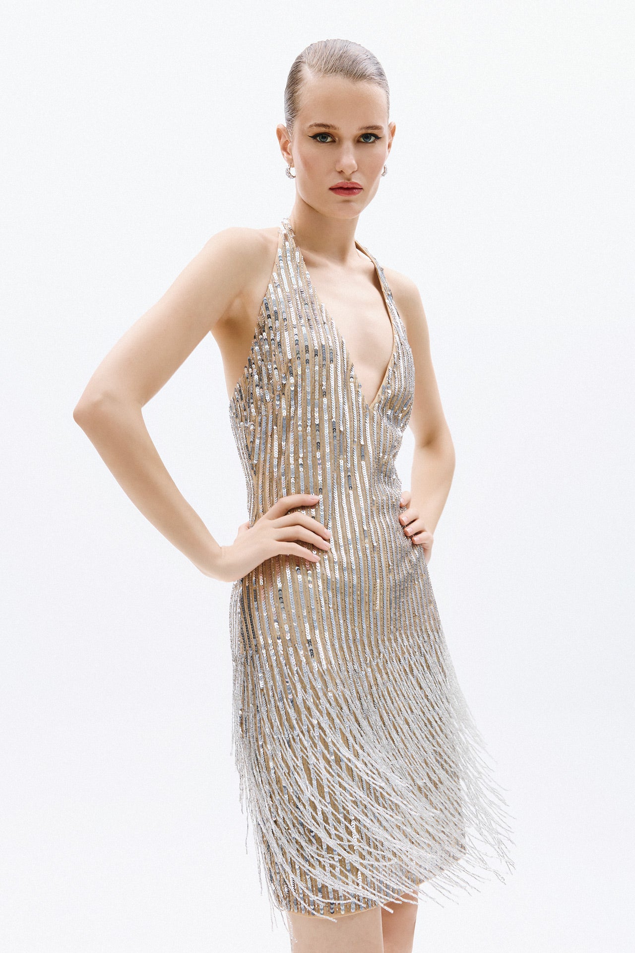 Champagne sequin fringe halter mini dress SOPHiEL