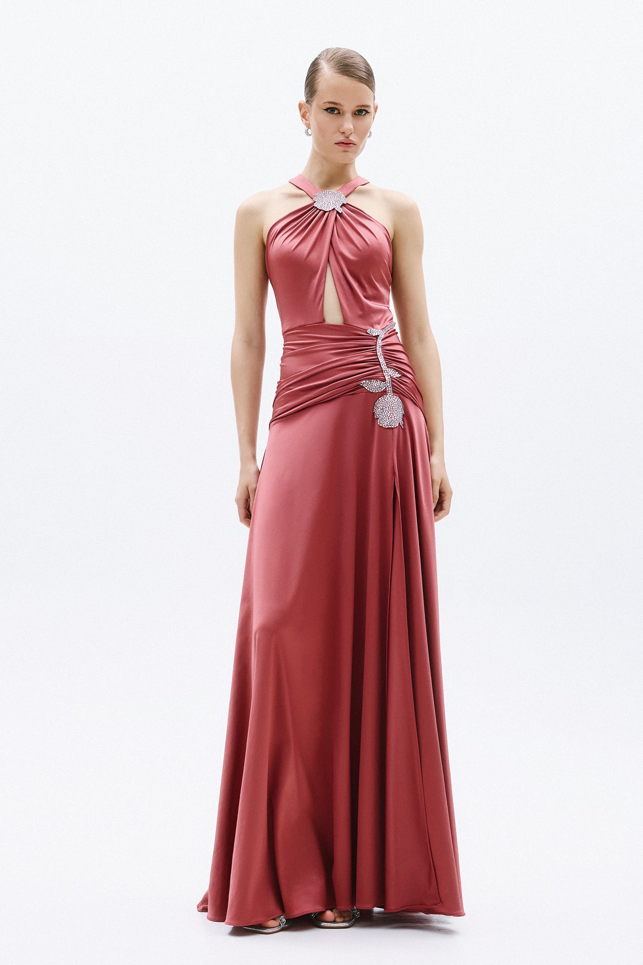 Ruby red satin halter evening gown with crystal embellishment and high slit front view